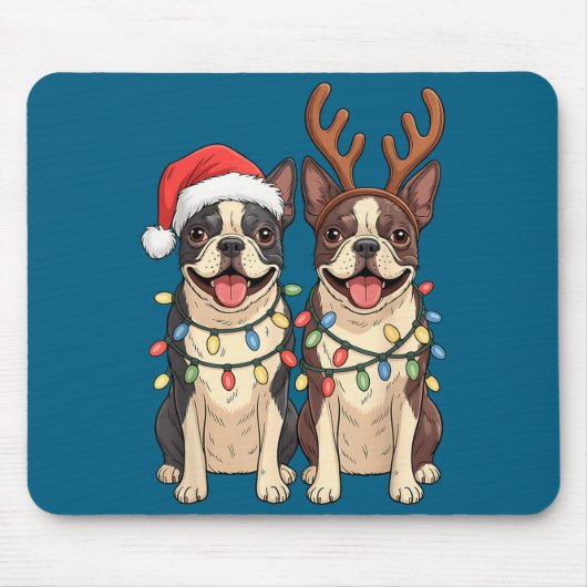 Boston Terrier Kerstman Kerstmuts Rendier Lichtjes Muismat (Voorkant)