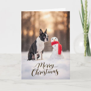 Boston Terrier Kerstman Sneeuwpop Feestdagen Kaart