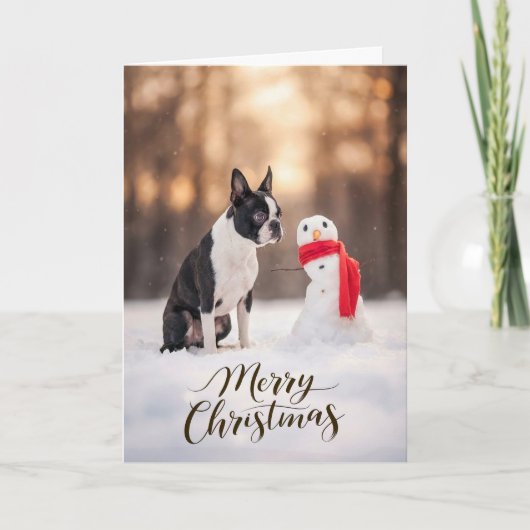 Boston Terrier Kerstman Sneeuwpop Feestdagen Kaart (Voorkant)