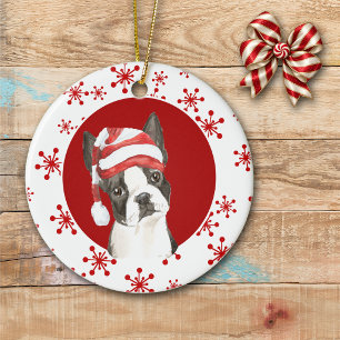 Boston Terrier Kerstmanhoed Rode Sneeuwvlok Keramisch Ornament