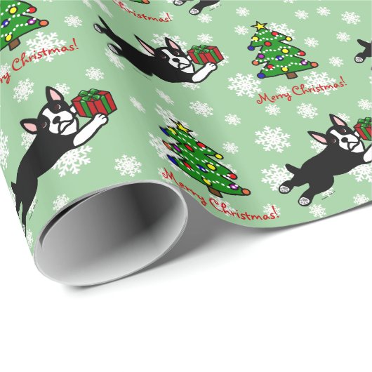 Boston Terrier Kerstmis 2 Cartoon Cadeaupapier (Rol Hoek)