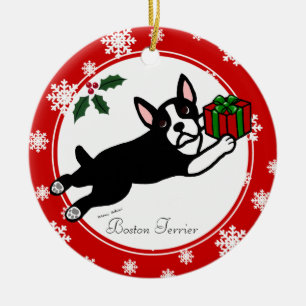 Boston Terrier Kerstmis 2 Cartoon Snowflakes Keramisch Ornament
