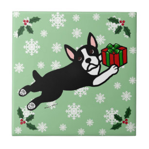Boston Terrier Kerstmis 2 Cartoon Snowflakes Tegeltje