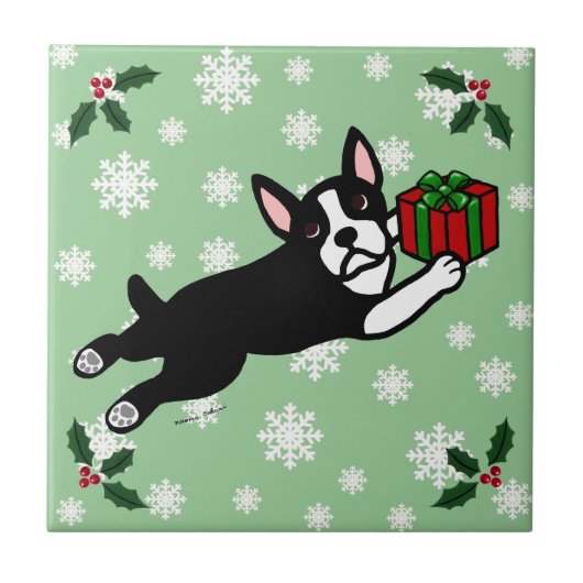 Boston Terrier Kerstmis 2 Cartoon Snowflakes Tegeltje (Voorkant)