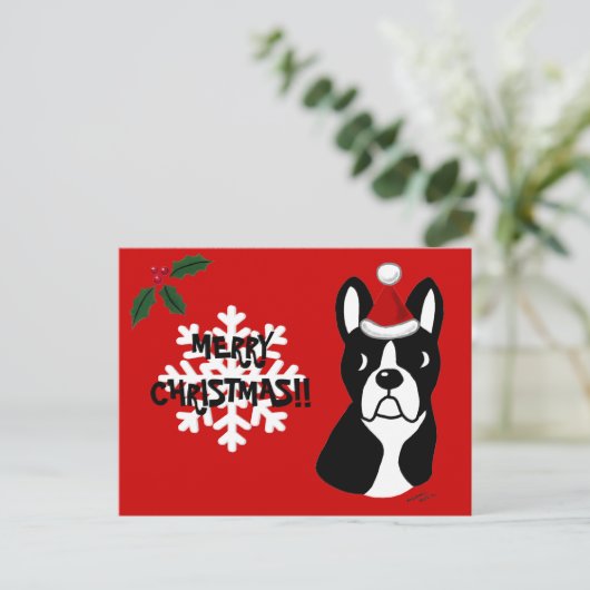 Boston Terrier Kerstmis Cartoon Sneeuwvlok Feestdagenkaart (Staand voorkant)