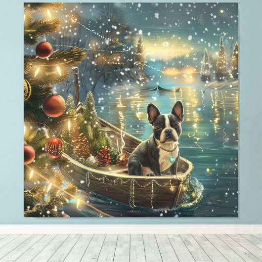 Boston Terrier Kerstmis Feestelijke Reis Canvas Afdruk (Insitu (Houten vloer))