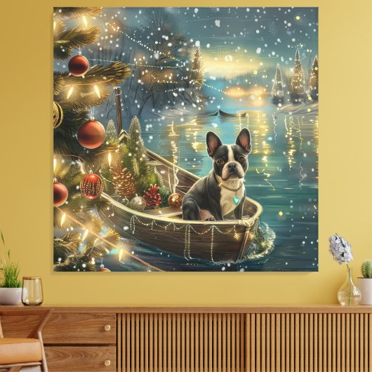 Boston Terrier Kerstmis Feestelijke Reis Canvas Afdruk (Insitu (Woonkamer))