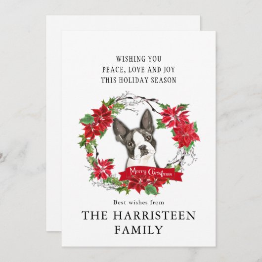 Boston Terrier Kerstmis Poinsettia Wreath Feestdagenkaart (Voorkant / Achterkant)
