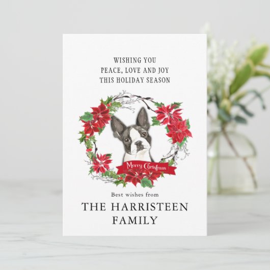 Boston Terrier Kerstmis Poinsettia Wreath Feestdagenkaart (Staand voorkant)