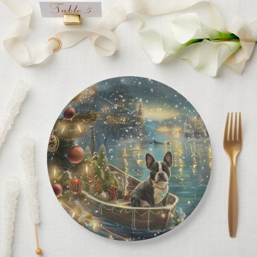 Boston Terrier Kerstmis Reis door de Feestdagen Papieren Bordje (Huwelijk)