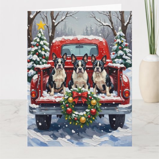 Boston Terrier Kerstmis Rode Truck Winter Kaart (Voorkant)