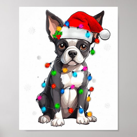 Boston Terrier Kerstmis Sinterklaas Hoed Boom Lich Poster (Voorkant)
