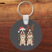 Boston Terrier Kerstmis Sinterklaas Hoed Rendier L Sleutelhanger (Voorkant)