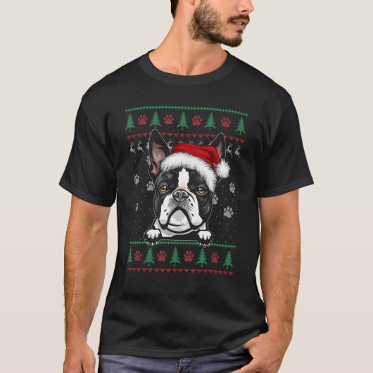 Boston Terrier Kerstmis Ugly Sweater Dog-mas T-shirt (Voorkant)