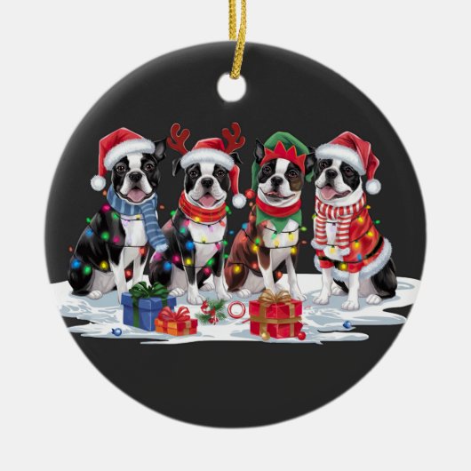 Boston Terrier Kerstmuts gewei elf Kerstmis Keramisch Ornament (Voorkant)