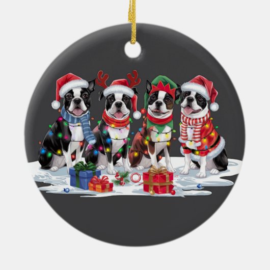 Boston Terrier Kerstmuts gewei elf Kerstmis Keramisch Ornament (Achterkant)