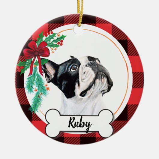 Boston Terrier Kerstornament Keramisch Ornament (Voorkant)