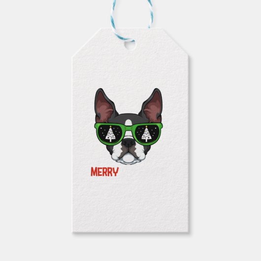 Boston Terrier KerstPajama Dog Sunbribril X-M Cadeaulabel (Voorkant)