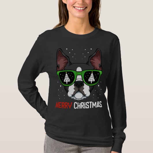 Boston Terrier KerstPajama Dog Sunbribril X-M T-shirt (Voorkant)
