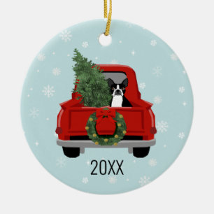 Boston Terrier KerstRed Truck Keramisch Ornament