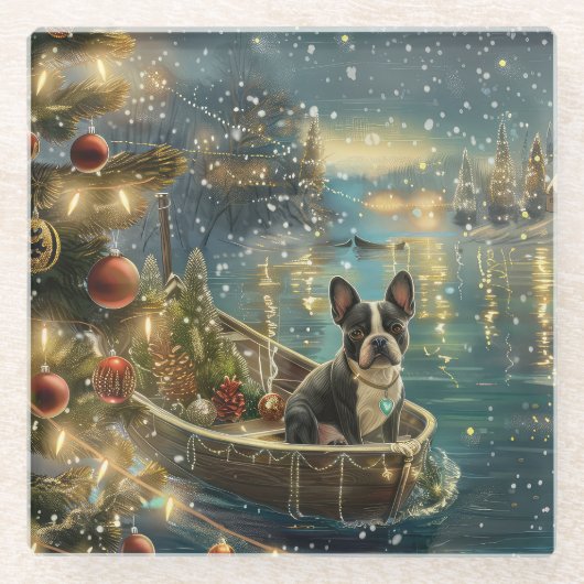 Boston Terrier kerstvakantie Glazen Onderzetter (Voorkant)