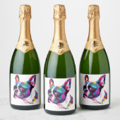 Boston Terrier kleurrijk Sparkling Wijnetiket (Flessen)
