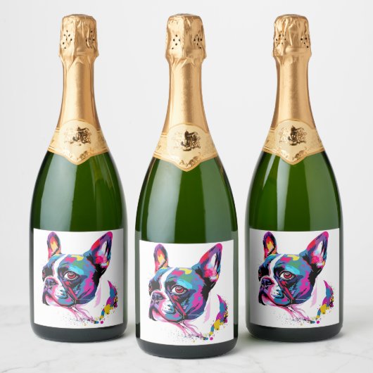 Boston Terrier kleurrijk Sparkling Wijnetiket (Flessen)