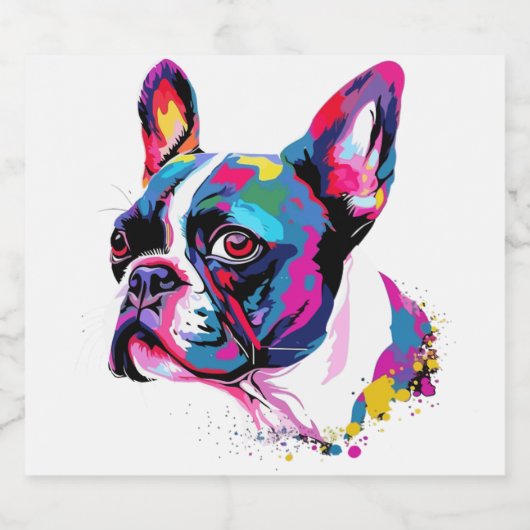 Boston Terrier kleurrijk Sparkling Wijnetiket (Enkel label)