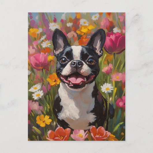 Boston Terrier Kleurrijke Wildflower Field Briefkaart (Voorkant)