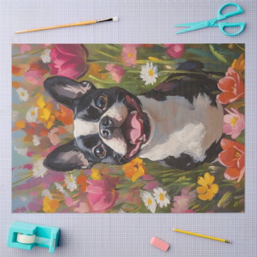 Boston Terrier Kleurrijke Wildflower Field Decoupa Tissuepapier (Craft)