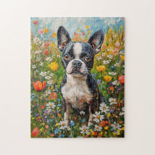 Boston Terrier Kleurrijke Wildflower Field Legpuzzel