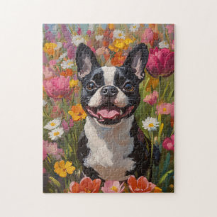 Boston Terrier Kleurrijke Wildflower Field Legpuzzel