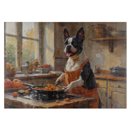 Boston Terrier Kookt in Keuken Snijplank (Voorkant)