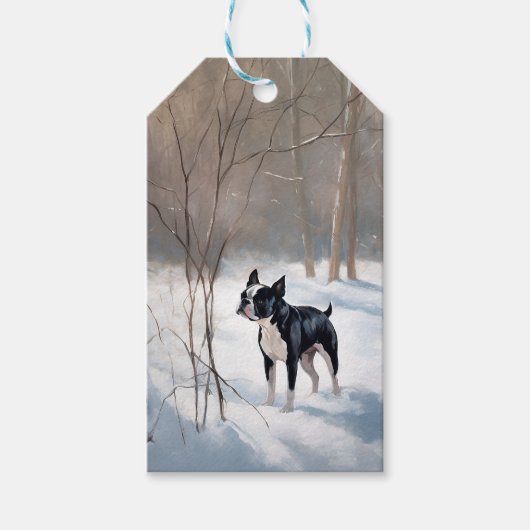 Boston Terrier Laat het Sneeuwen Kerstmis Cadeaulabel (Voorkant)