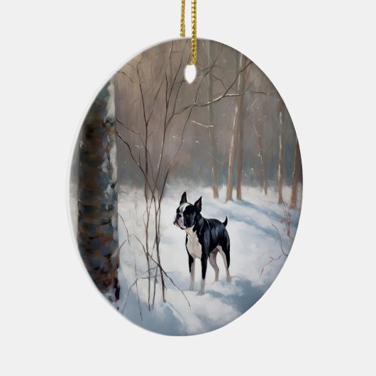 Boston Terrier Laat het sneeuwen Kerstmis Keramisch Ornament (Rechts)