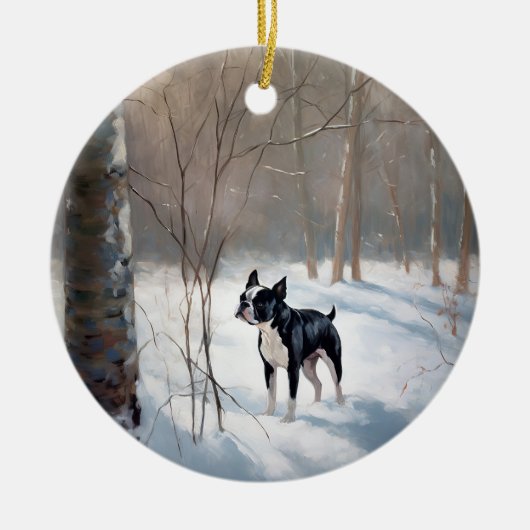 Boston Terrier Laat het sneeuwen Kerstmis Keramisch Ornament (Voorkant)