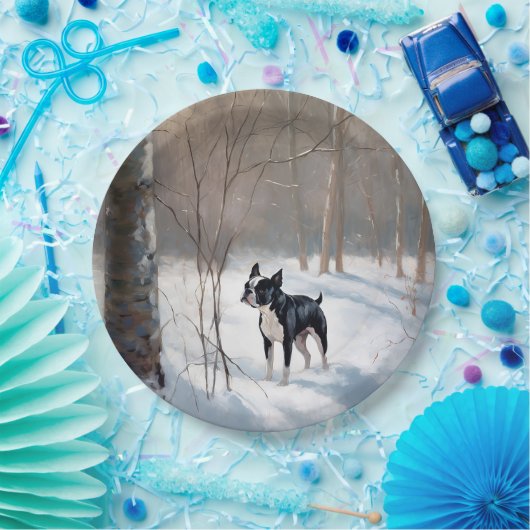 Boston Terrier Laat het sneeuwen Kerstmis Papieren Bordje (Feest)