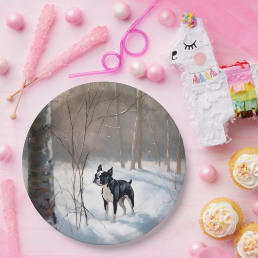 Boston Terrier Laat het sneeuwen Kerstmis Papieren Bordje (Feest)
