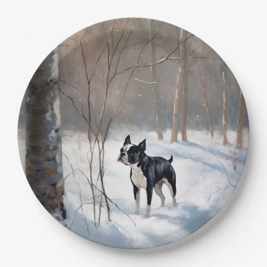 Boston Terrier Laat het sneeuwen Kerstmis Papieren Bordje (Voorkant)