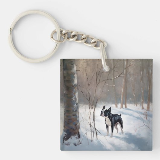 Boston Terrier Laat het Sneeuwen Kerstmis Sleutelhanger (Voorkant)