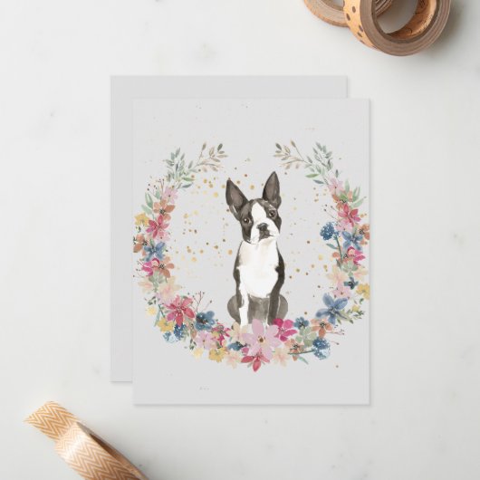 Boston Terrier Lente Bloemen Monogram Notitiekaartje (Voorkant / Achterkant in situ)