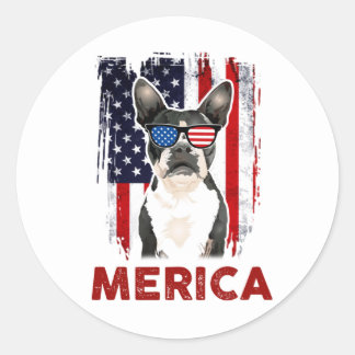 Boston Terrier Merica Patriotic American Flag 4th Ronde Sticker