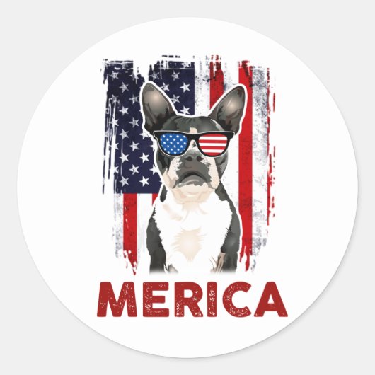 Boston Terrier Merica Patriotic American Flag 4th Ronde Sticker (Voorkant)