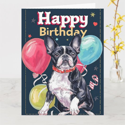Boston Terrier met ballonnen Kaart (Gele Bloem)