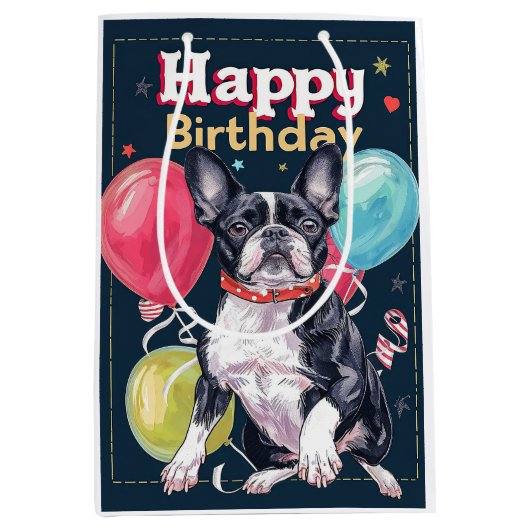 Boston Terrier met ballonnen Medium Cadeauzakje (Voorkant)