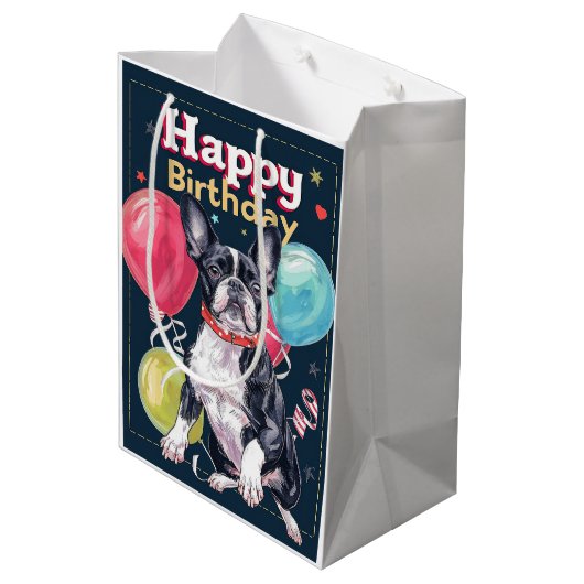 Boston Terrier met ballonnen Medium Cadeauzakje (Achterkant Gekanteld)