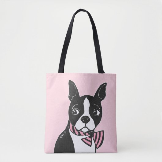 Boston Terrier met Bow Stropdas Light Pink Canvas Tote Bag (Voorkant)