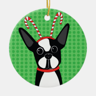 Boston Terrier met Candy Cane Headband Ornament
