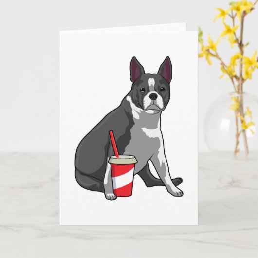Boston Terrier met drankje Kaart (Gele Bloem)