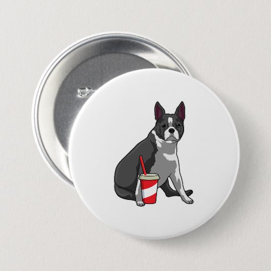 Boston Terrier met Drink Ronde Button 7,6 Cm (Voorkant /achterkant)